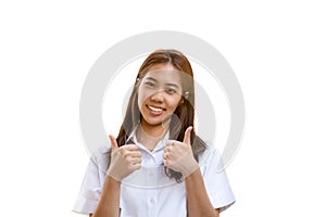 Portrait of smiling student university uniform with thumb up isolated.