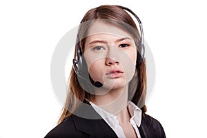 Portrait of smiling support phone operator in headset