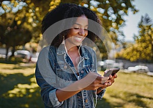 Portrait of a smiling trendy african american young woman texting message on mobile phone standing in the park listening