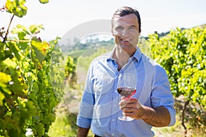 Portrait of smiling vintner holding glass of wine