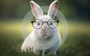 Portrait of a smiling white rabbit wearing glasses, blurred green grass background, generative AI