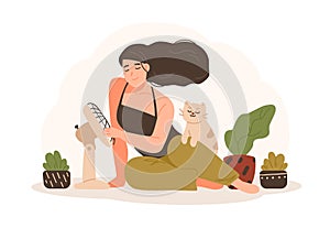 Portrait of smiling woman sitting on floor with her pet cat and using electric fan to cool down. Adorable cartoon