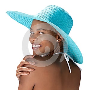 Portrait smiling woman wearing sun hat in hot summer. Seen from behind, with her hand on shoulder, isolated on white background.