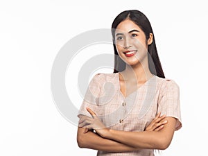 Portrait of smiling young asian business woman isolated on white background.