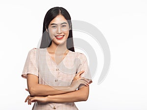 Portrait of smiling young asian business woman isolated on white background.