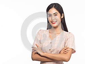 Portrait of smiling young asian business woman isolated on white background.