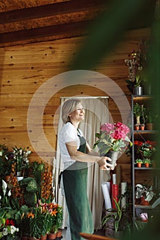 Portrait of smiling young botanist holding a fresh flower plant. Young woman holding small tree in pot in gardening