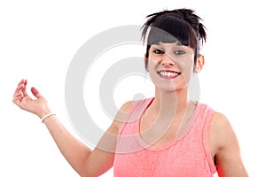 Portrait of a smiling young brunette woman on white