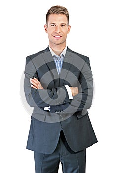 Portrait of a smiling young business man, isolated on white back