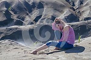 Portrait Smiling Young Girl Sunrise Desert.Asia Nature Morning Sands Viewpoint.Woman Engaged Yoga Meditation Practice