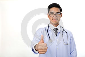 portrait of a smiling young male doctor with stethoscope show th