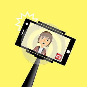 Portrait of smiling young man on smartphone. Selfie stick monopod. Vector illustration.