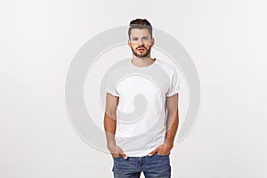 Portrait of smiling young man in a white t-shirt isolated on white background.