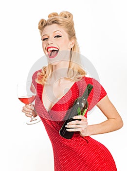 Portrait of a smiling young woman holding a glass of red wine Pour red wine. Woman having a glass of red wine. Isolated