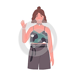 Portrait of smiling young woman saying hello and waving with hand. Happy female character gesturing hi, greeting and