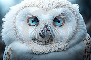 Portrait of a snowy owl with big blue eyes