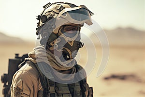 Portrait of a soldier action at the desert. Generative Ai