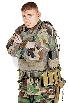 Portrait soldier or private military contractor with crossed arms.