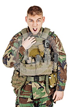 Portrait soldier or private military contractor shouting angry.