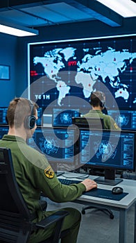 portrait of a soldier working in front of a computer