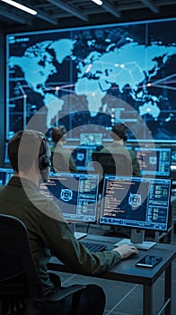 portrait of a soldier working in front of a computer