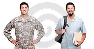 Portrait of a soldier and a young man with backpack and document