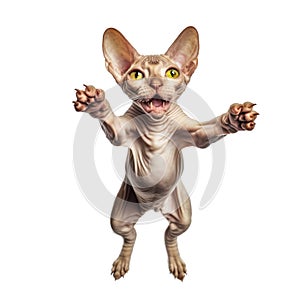 portrait Sphynx cat, cute little kitten animal, jumps towards the camera, bold pet, isolated