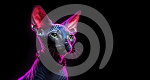 Portrait of Sphynx cat with neon lighting, on black backgroundm with copy space.
