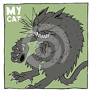 Portrait of a spiny cat, with sharp claws and teeth. Color humorous illustration, suitable for the design of publications and post