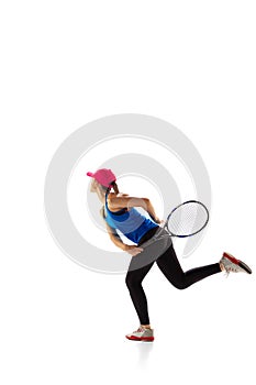 Portrait of sportive woman, tennis player playing tennis isolated on white background. Healthy lifestyle, fitness, sport