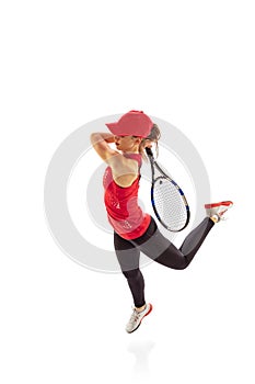 Portrait of sportive woman, tennis player playing tennis isolated on white background. Healthy lifestyle, fitness, sport