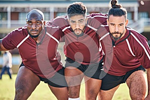 Portrait, sports and a rugby team training together for a scrum in preparation of a game or competition. Fitness