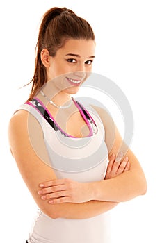 Portrait of a sporty athlete giro isolated over white background photo