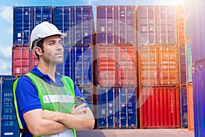 Portrait staff worker work in cargo port shipping for import export industry standing confidence