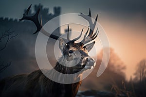 Portrait of a Stag Deer with an old castle ruins in the background. - ai generated art