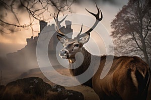 Portrait of a Stag Deer with an old castle ruins in the background. - ai generated art