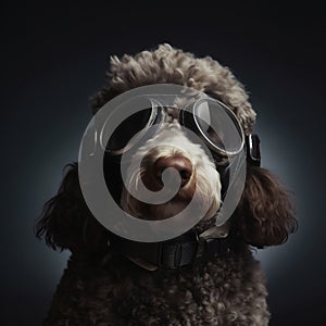 portrait of standard poodle wearing a apollo space helmet, illustration, Generative AI