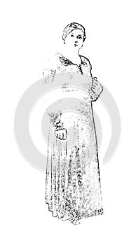 Portrait of a standing lady with a formal dress. Vintage, retro, old-fashioned.