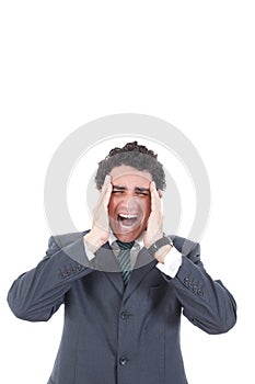 Portrait of stressed businessman screaming in pain and having he
