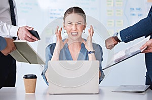 Portrait of stressed businesswoman being nagged by office colleagues. Irritated and angry caucasian professional woman