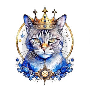 Portrait of a striped cat in a crown against a starry sky on a white background