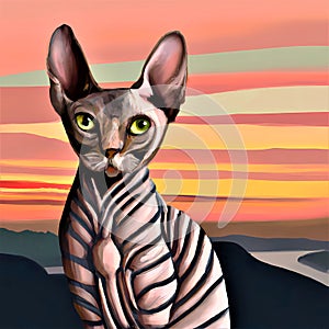 Portrait from a striped Sphynx cat at sunset