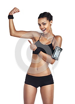 Portrait, strong arm and black woman pointing at bodybuilder training, fitness workout and health exercise results