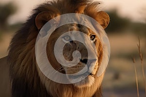 Portrait of a strong male lion with the African savanna in the background created with generative AI technology