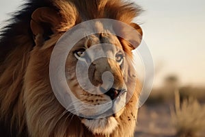 Portrait of a strong male lion with the African savanna in the background created with generative AI technology