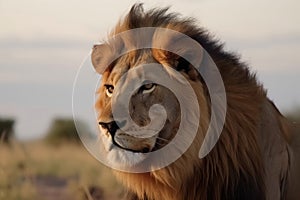 Portrait of a strong male lion with the African savanna in the background created with generative AI technology