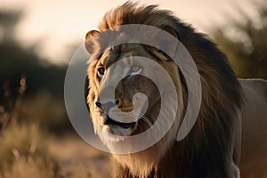 Portrait of a strong male lion with the African savanna in the background created with generative AI technology