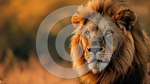 Portrait of a strong male lion in the jungle. AI Generative