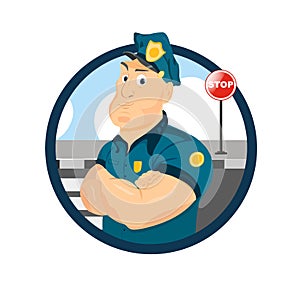 Portrait of a strong policeman. Officer logo.