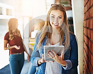 Portrait, student and girl with tablet, university and search for website info, connection and social media. Face